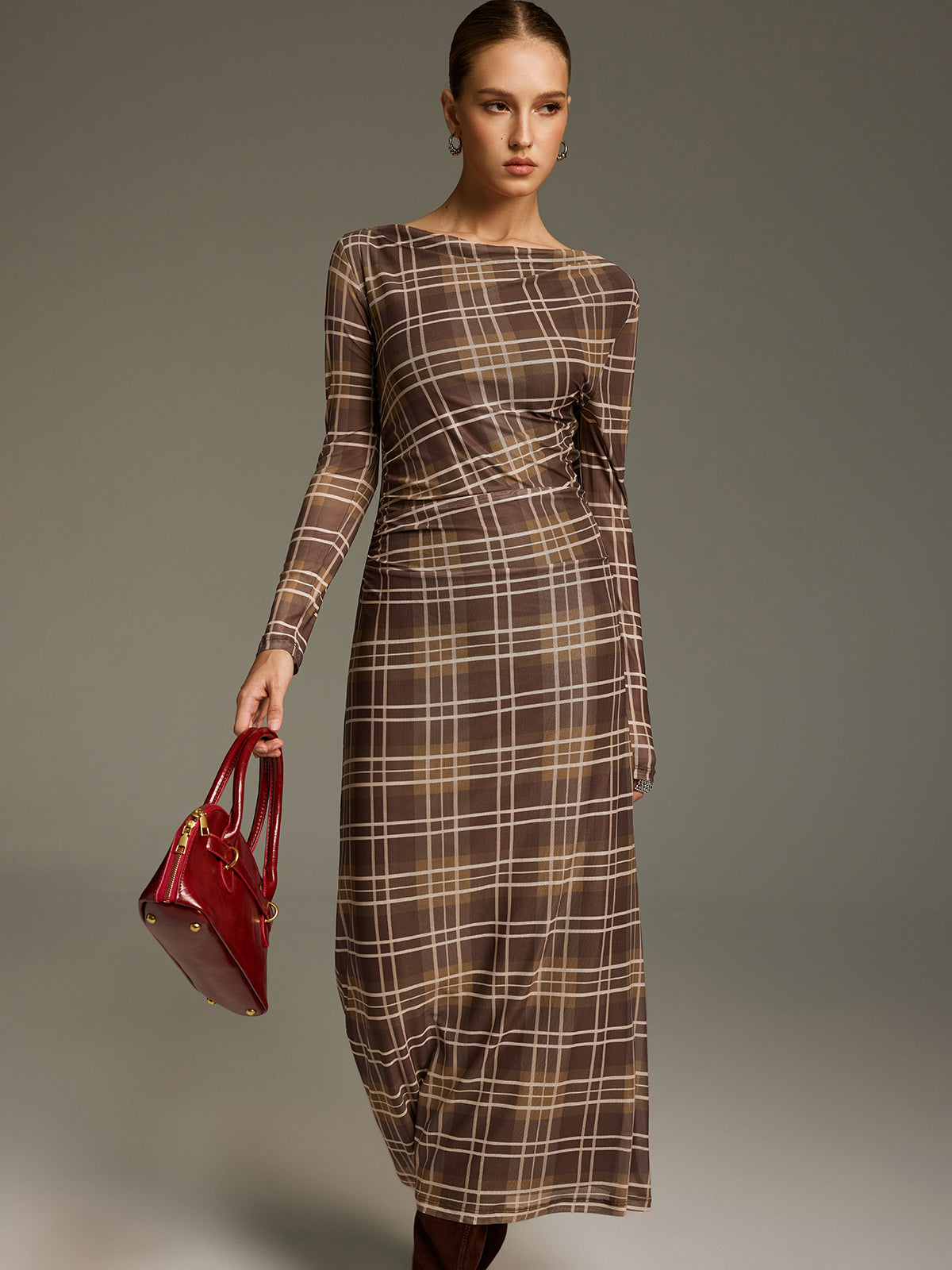 Plaid Mesh Off-Shoulder Maxi Dress without Belt-Chicvia