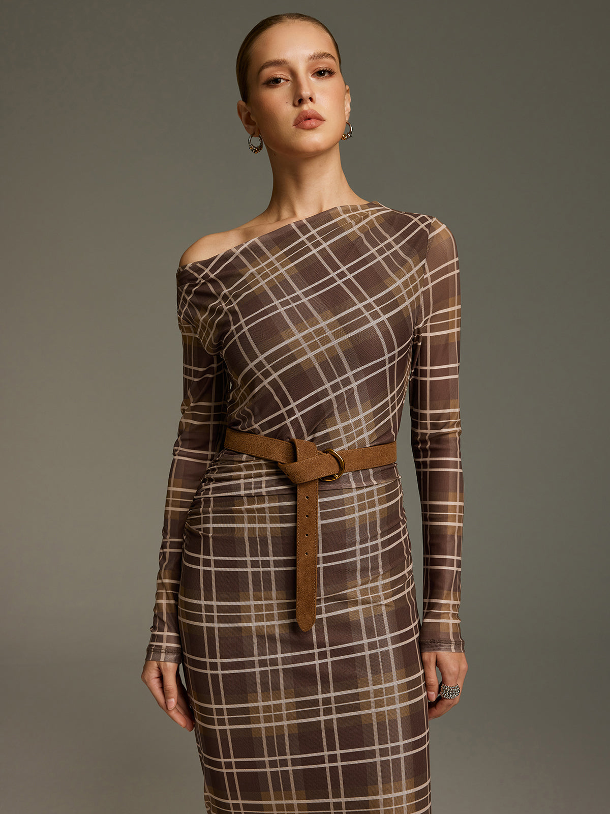 Plaid Mesh Off-Shoulder Maxi Dress without Belt-Chicvia