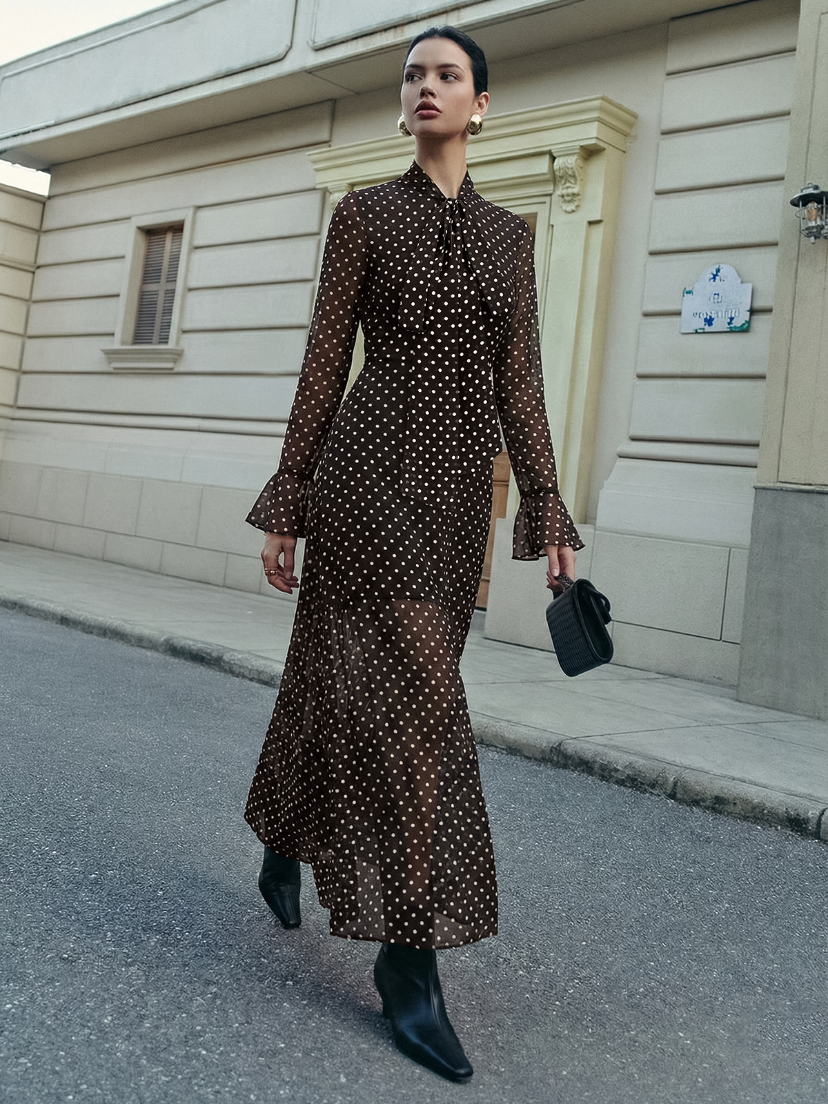 Polka Dot Chiffon Tie-Neck Flared Cuff Maxi Dress-Chicvia