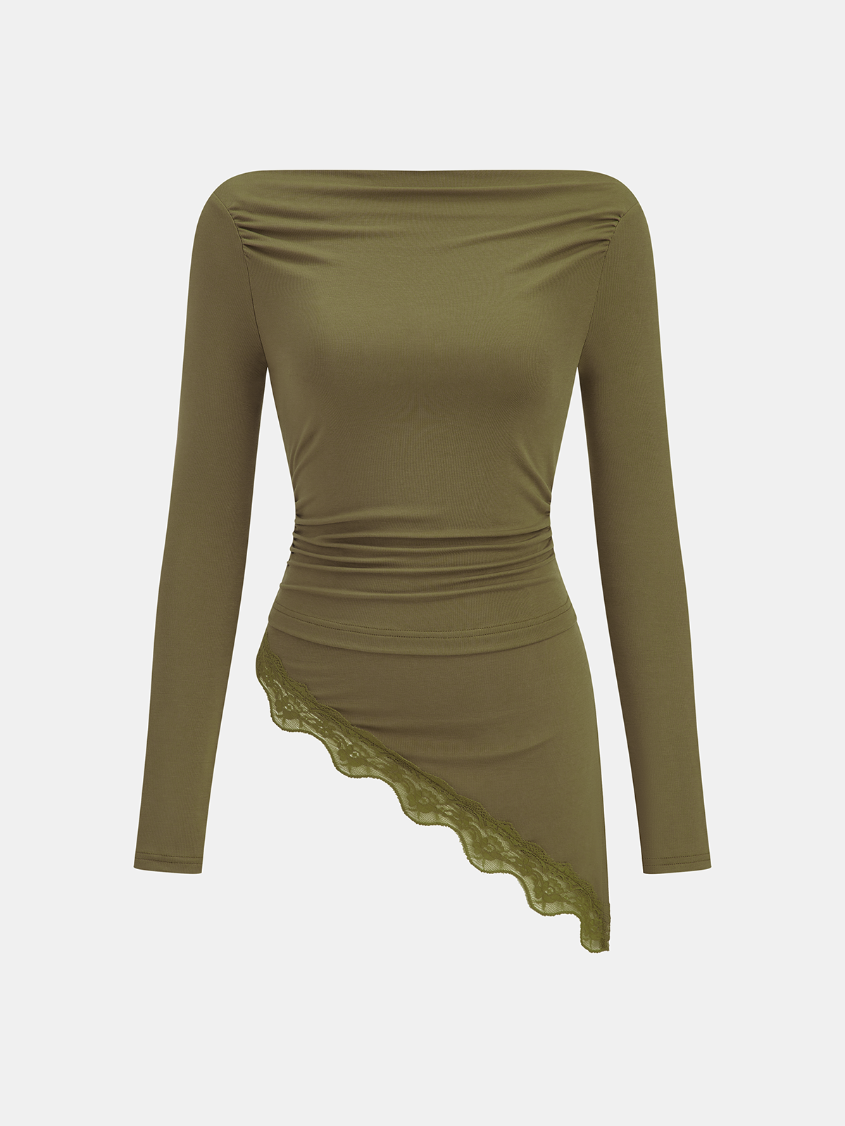 Lace Trim Asymmetric Hem Boat Neck Top-Chicvia