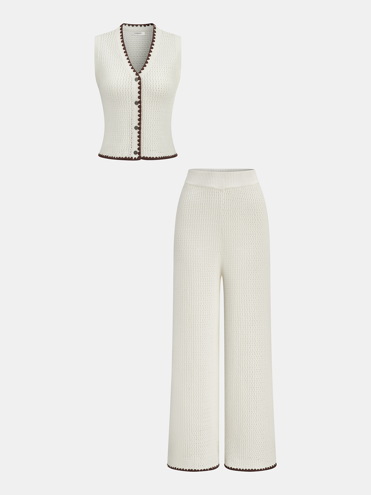 Contrast Trim Knit Vest & Wide-Leg Pants Set-Chicvia