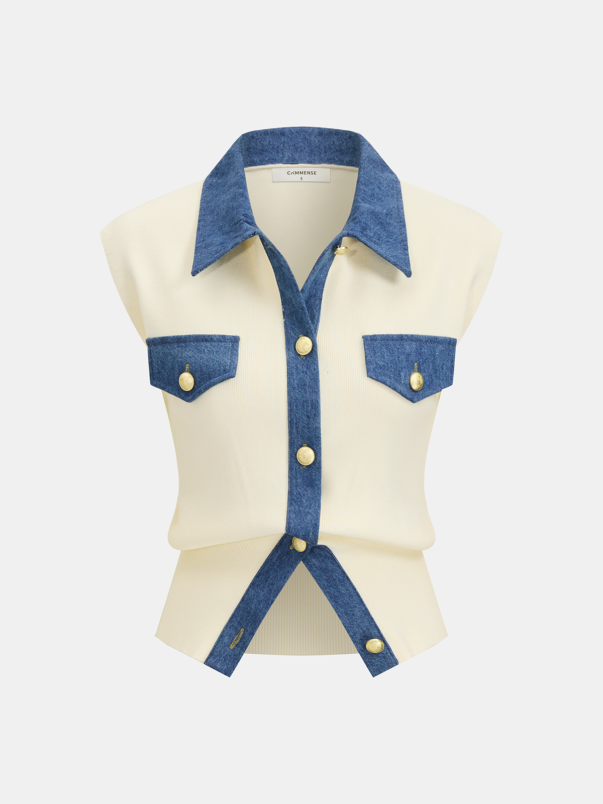 Denim Panel Metal Button Sleeveless Vest-Chicvia