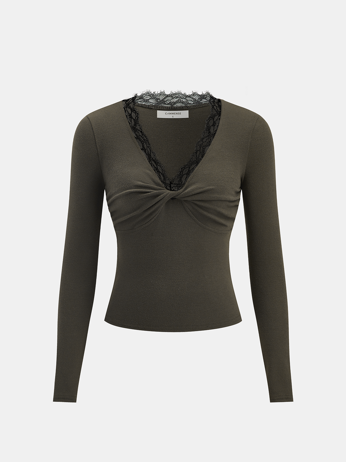 Lace Trim V-Neck Twist Long-Sleeve Top-Chicvia