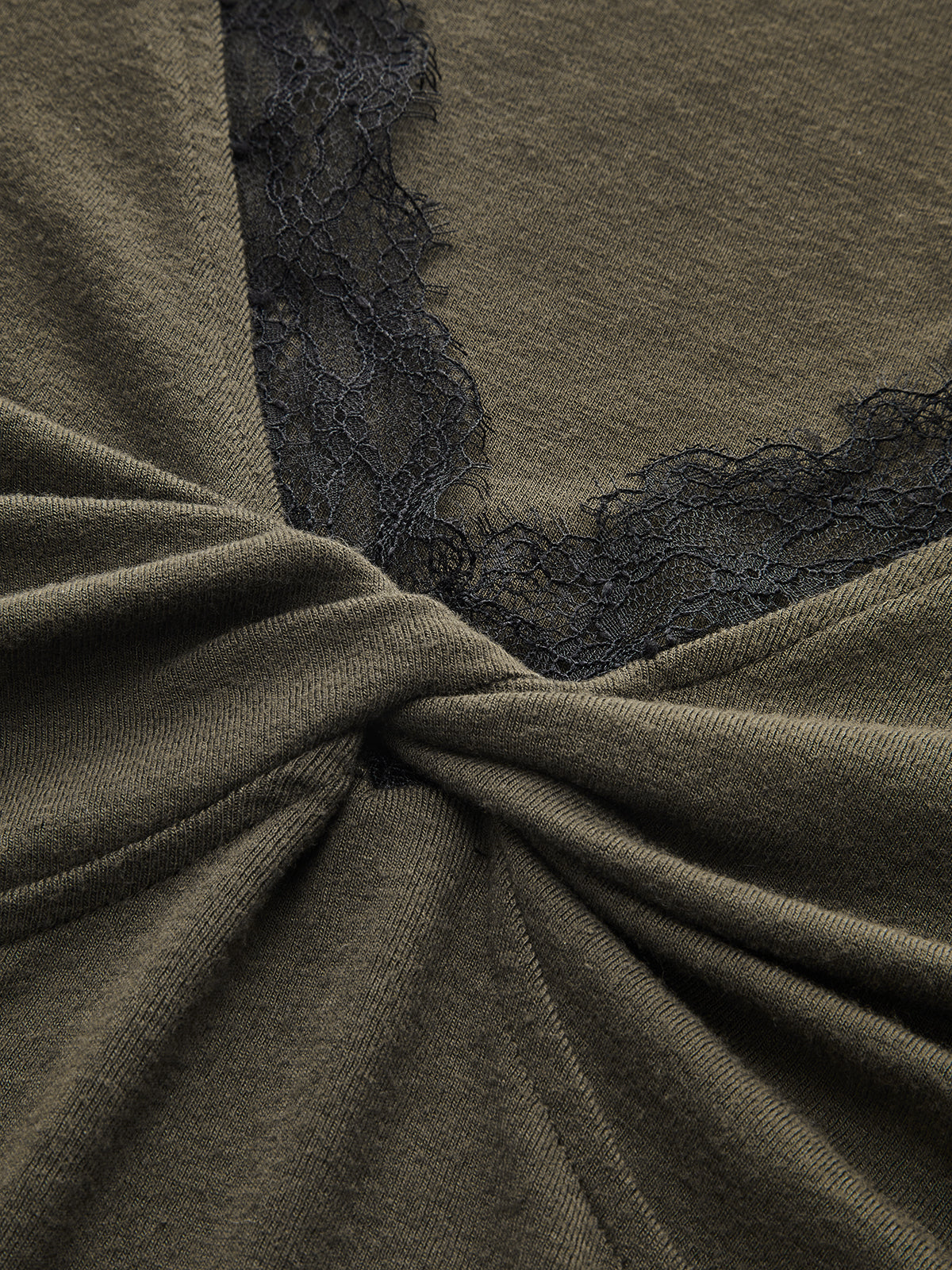 Lace Trim V-Neck Twist Long-Sleeve Top-Chicvia