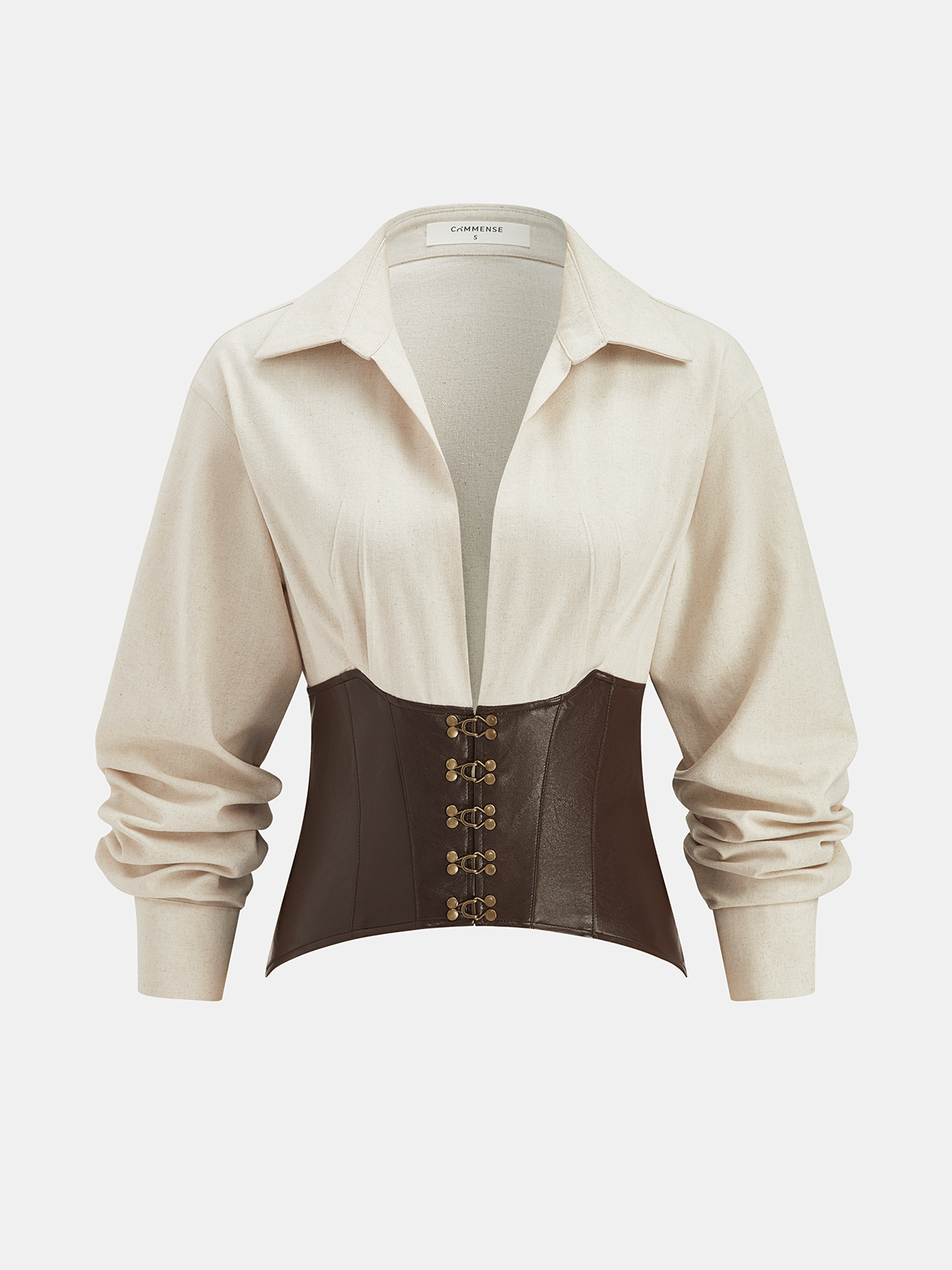 Faux Leather Corset Panel Cotton-Linen Shirt-Chicvia