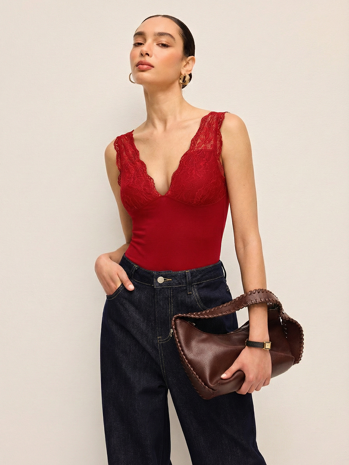 Deep V-Neck Lace-Trimmed Bodysuit-Chicvia