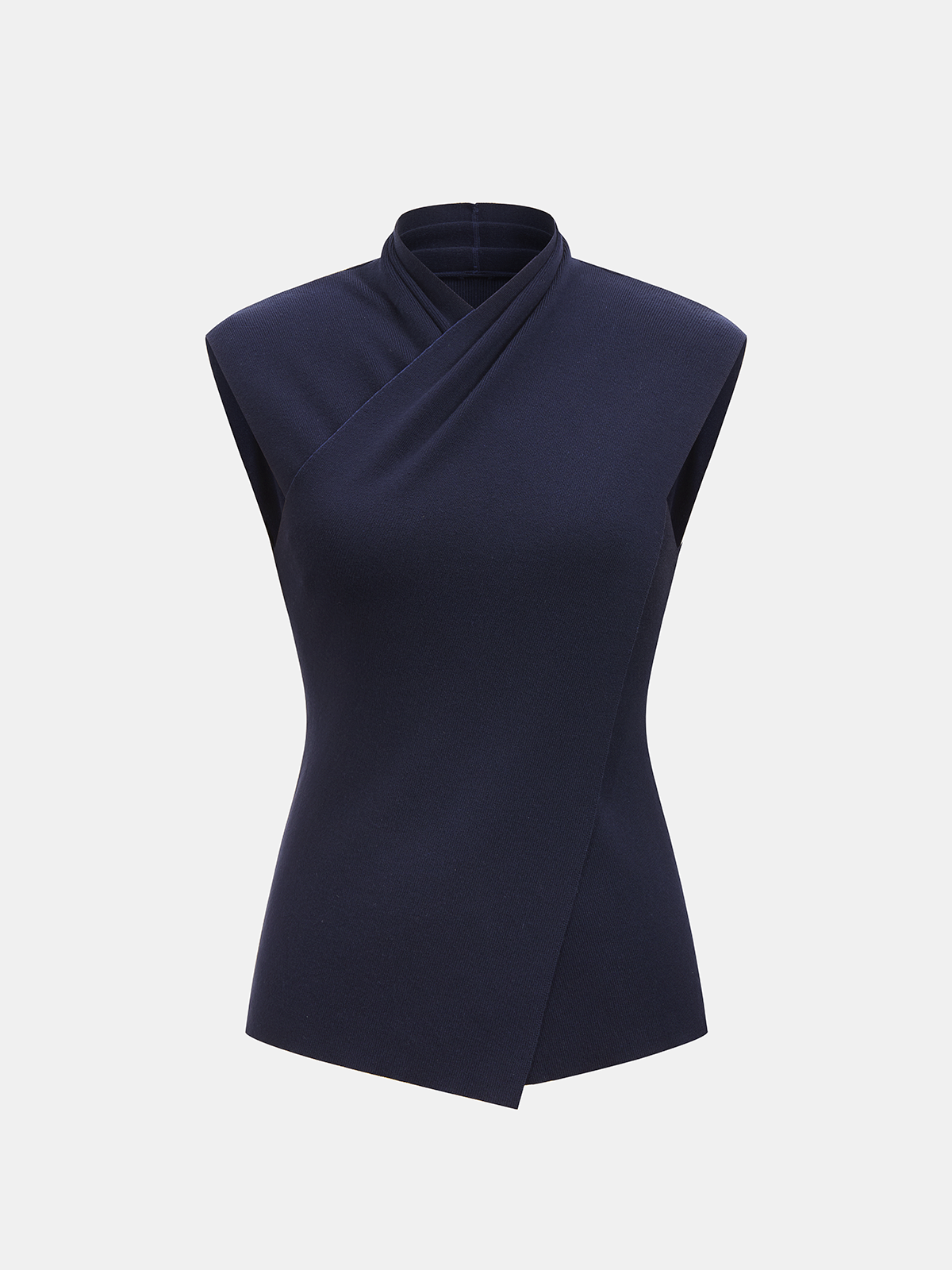 Cross-Wrap Stand Collar Knit Sleeveless Vest-Chicvia
