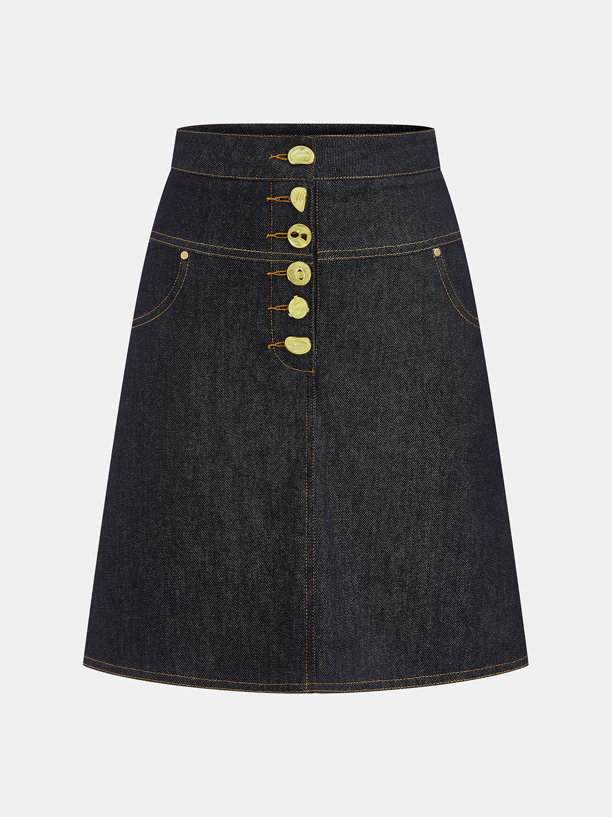 Metal Button Denim A-Line Skirt-Chicvia