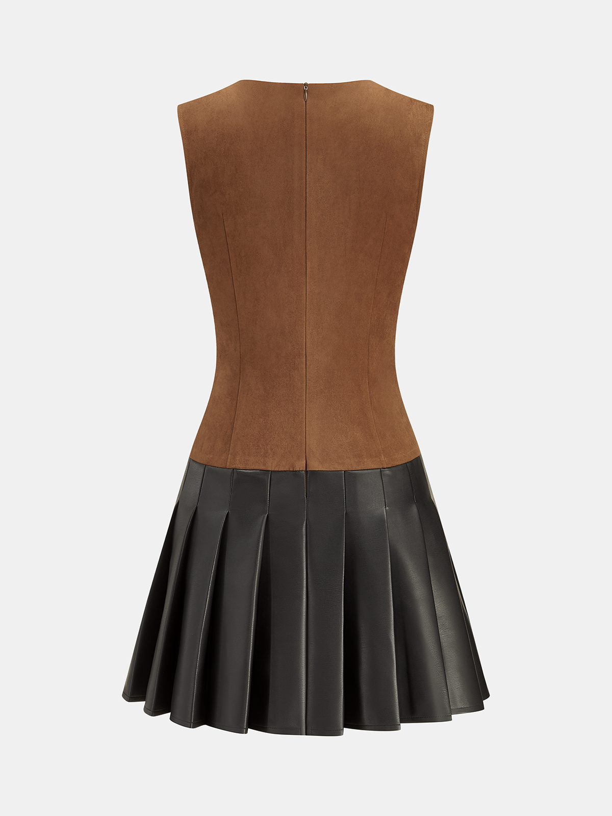 Pleated Faux Leather Hem Sleeveless Suede Effect Dress-Chicvia