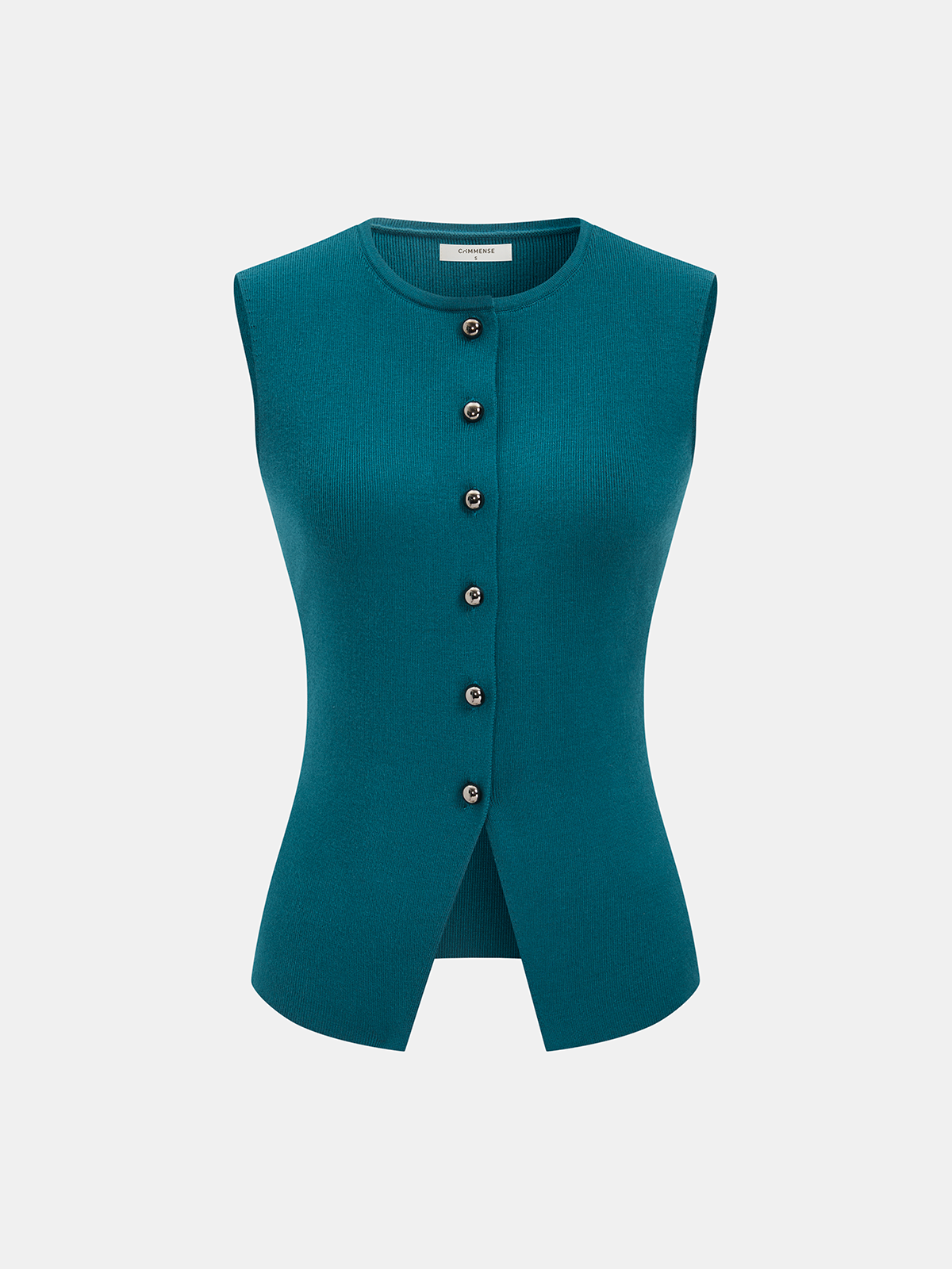 Button-Front Sleeveless Ribbed Knit Vest-Chicvia