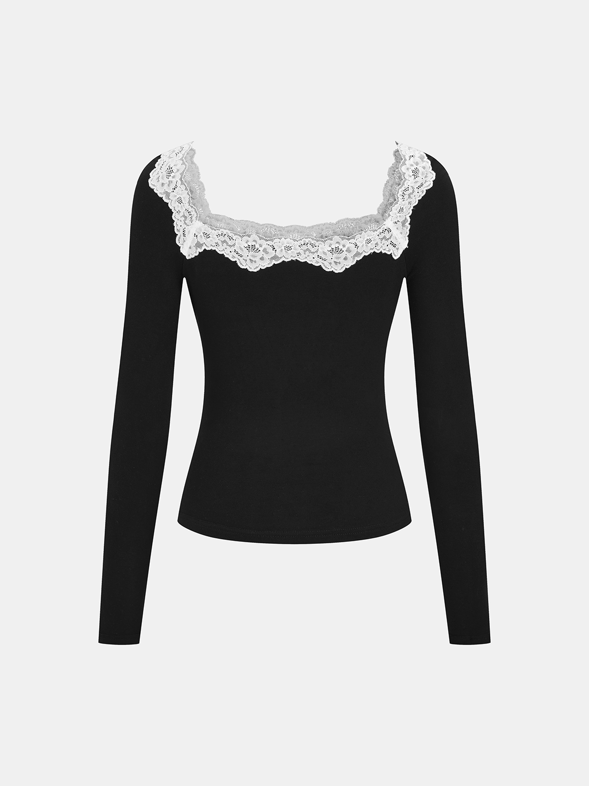 Lace Square Neck Ribbed Long-Sleeve Top-Chicvia