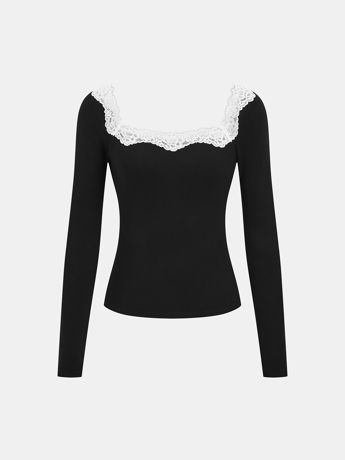 Lace Square Neck Ribbed Long-Sleeve Top-Chicvia