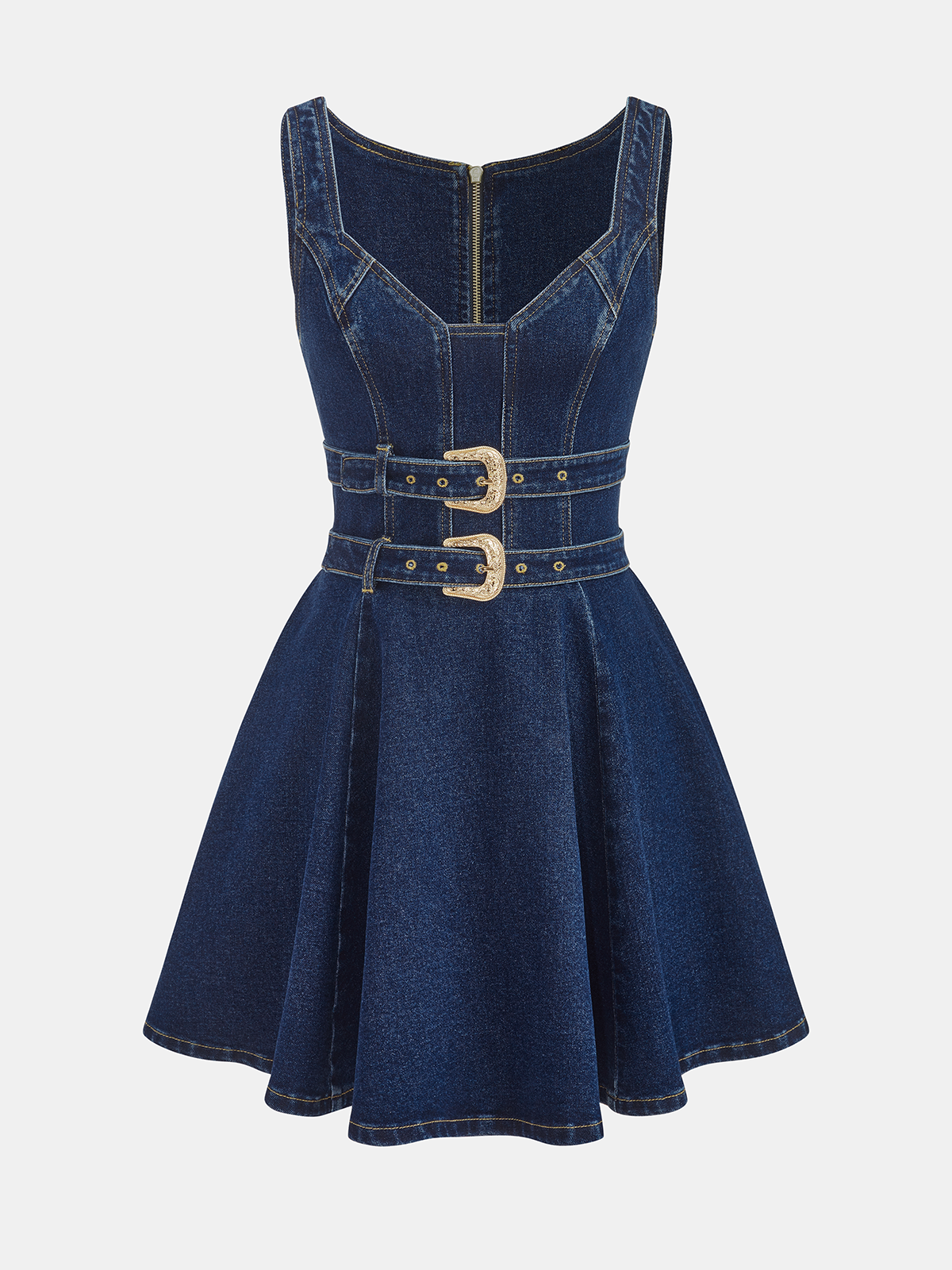 Denim Double-Buckle Mini Dress-Chicvia