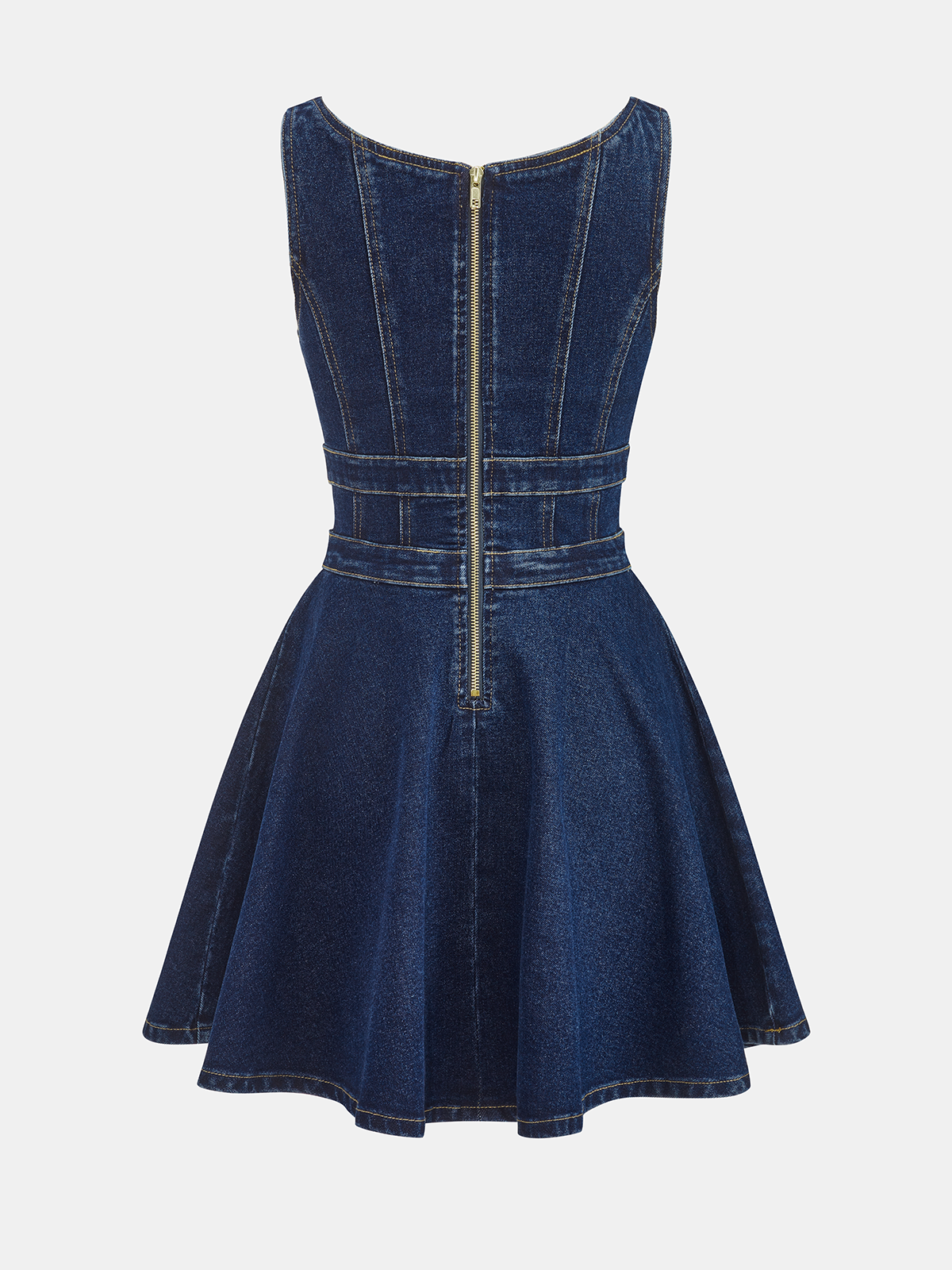 Denim Double-Buckle Mini Dress-Chicvia