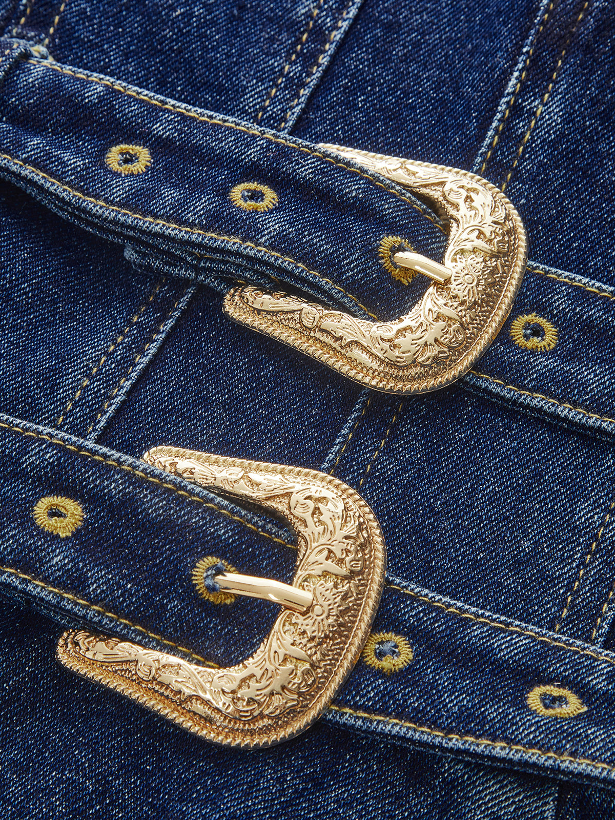 Denim Double-Buckle Mini Dress-Chicvia