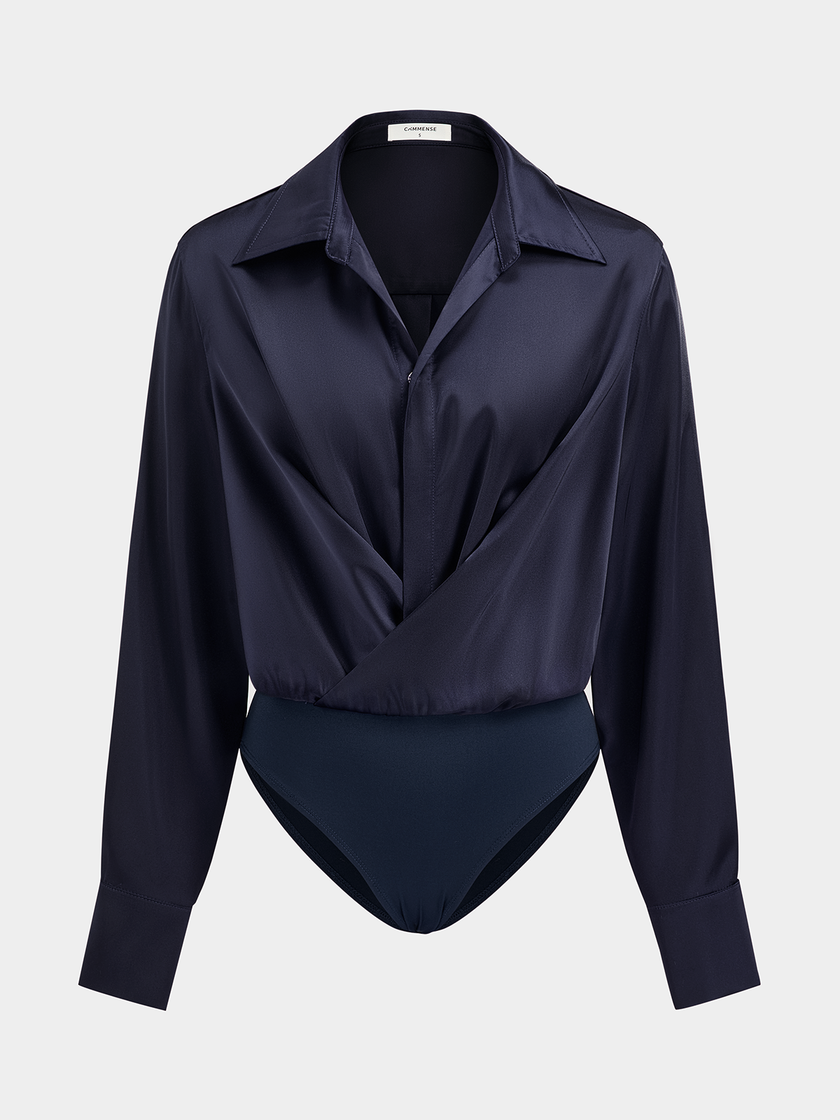 Collared Draped Satin Long Sleeve Bodysuit-Chicvia