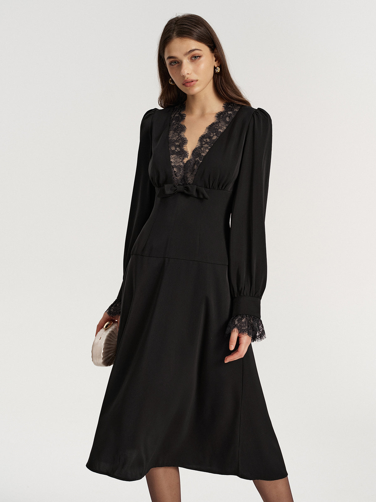 Lace V-Neck Bow Detail Satin Midi Dress-Chicvia