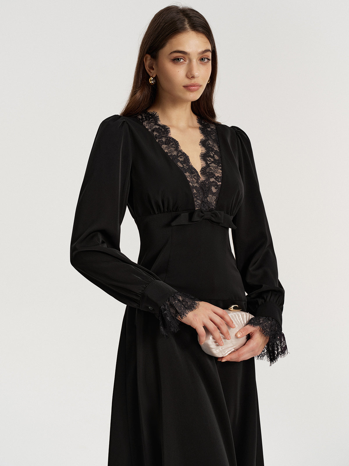 Lace V-Neck Bow Detail Satin Midi Dress-Chicvia