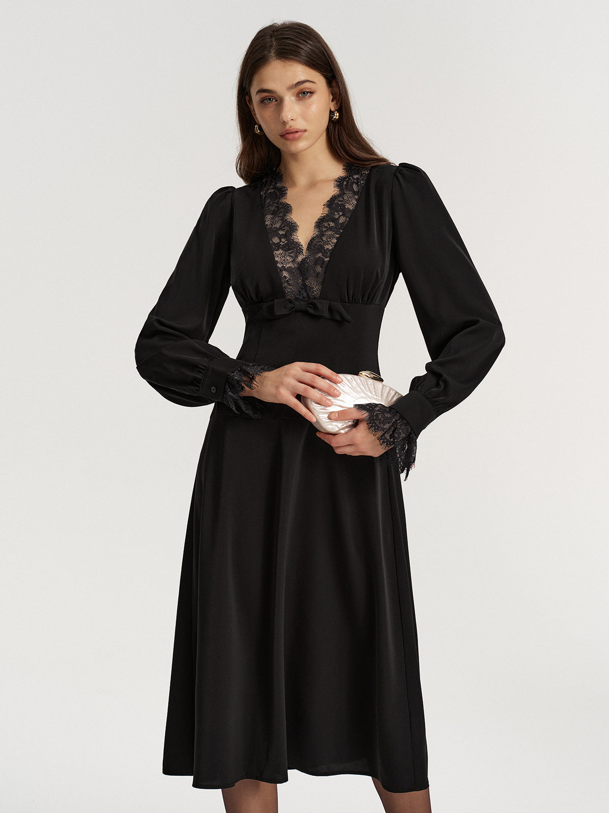 Lace V-Neck Bow Detail Satin Midi Dress-Chicvia