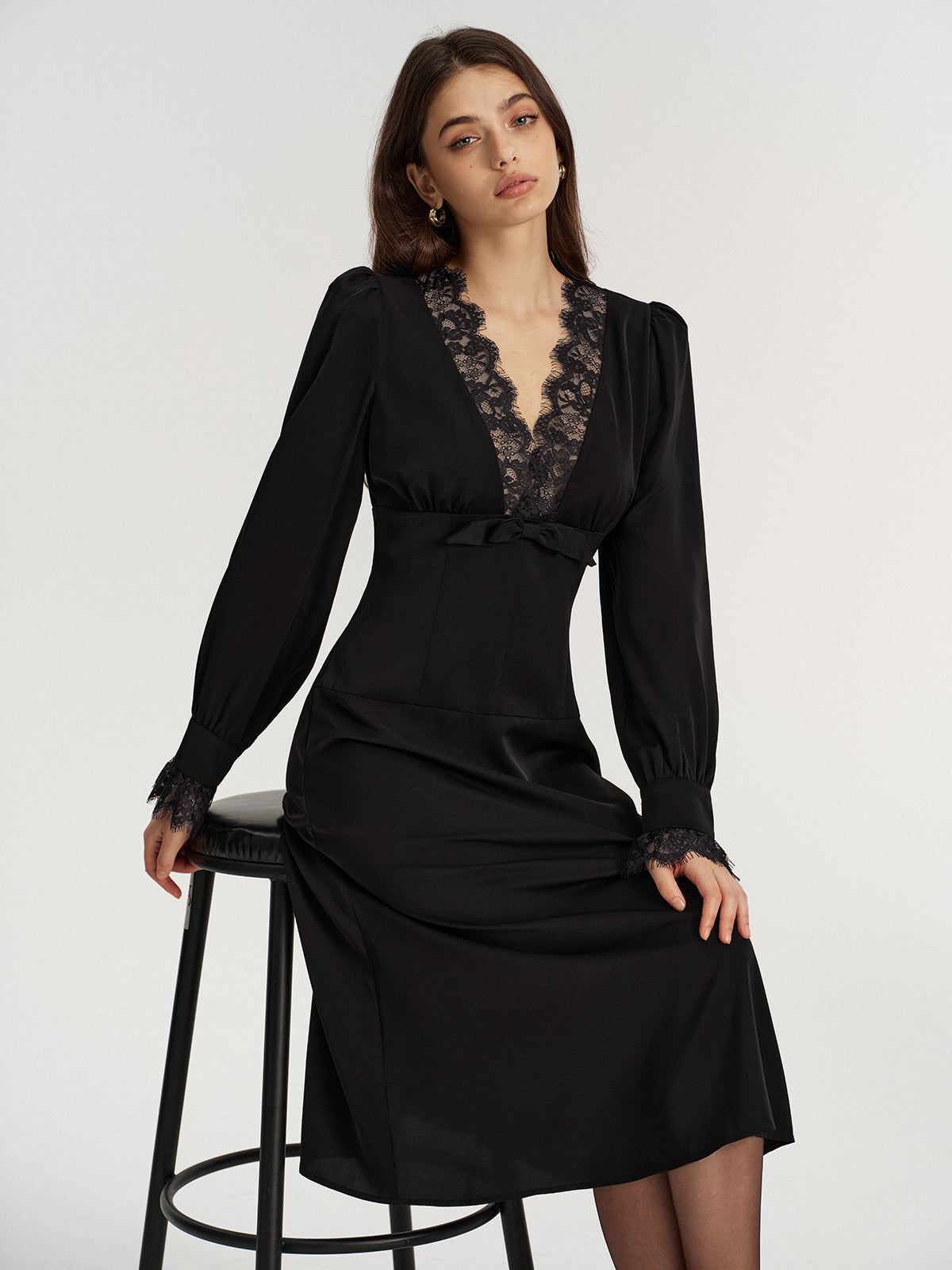 Lace V-Neck Bow Detail Satin Midi Dress-Chicvia