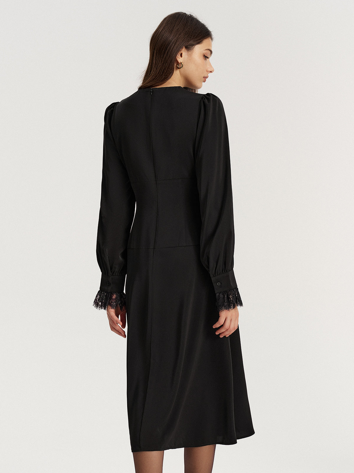 Lace V-Neck Bow Detail Satin Midi Dress-Chicvia