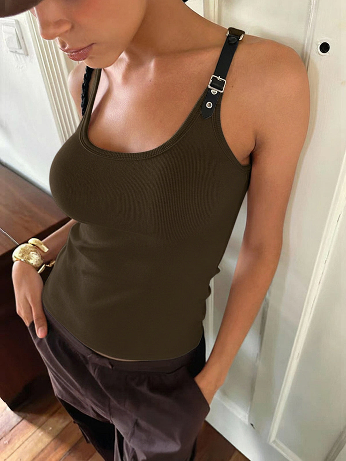 Ribbed Stretchy Faux Leather Buckle Vintage Tank Top-Chicvia
