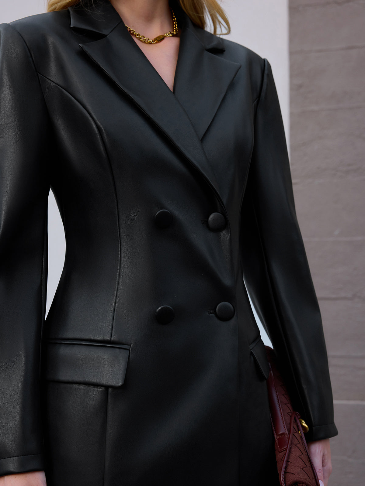 Double-Breasted Faux Leather Blazer-Chicvia