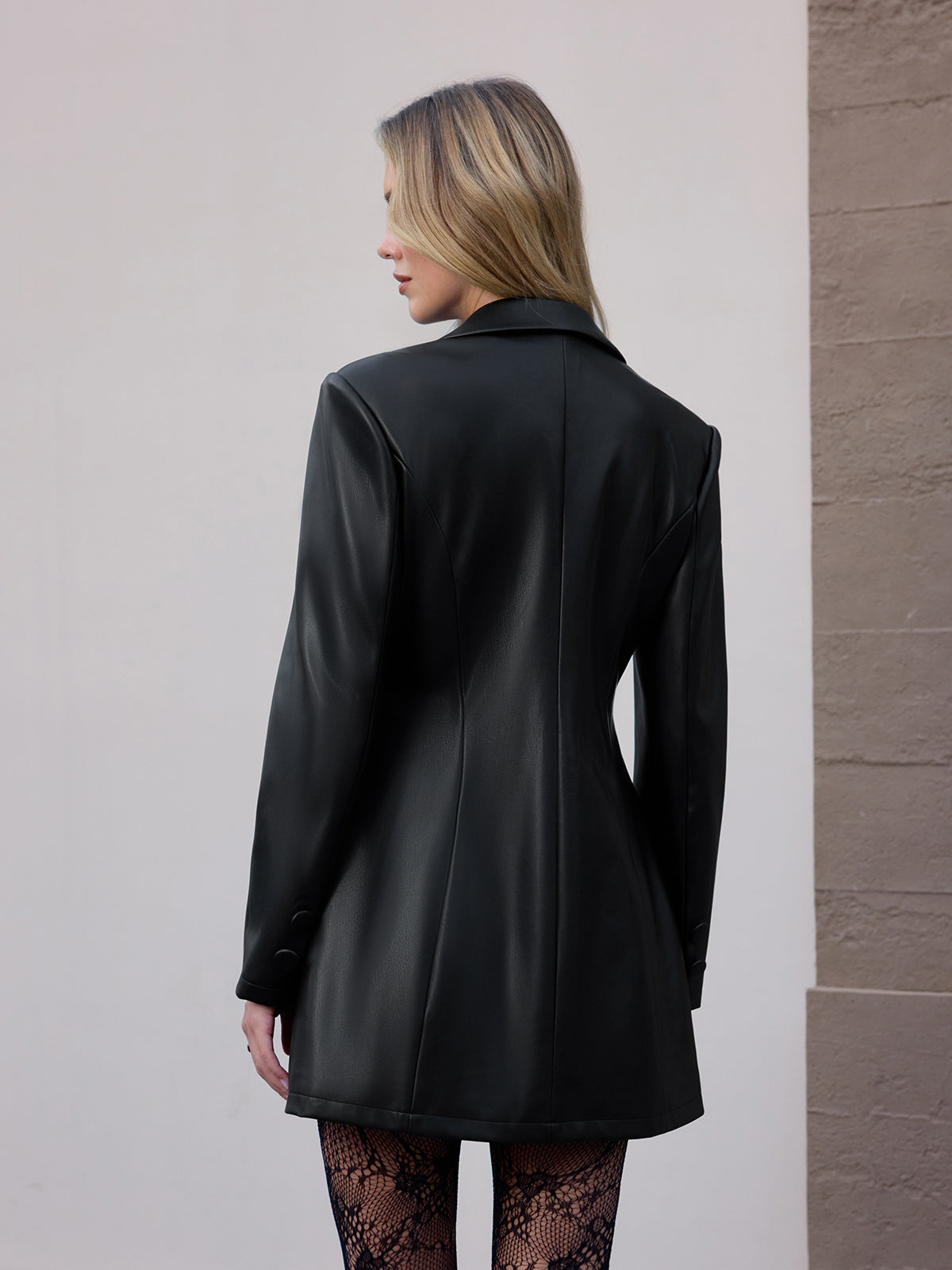 Double-Breasted Faux Leather Blazer-Chicvia