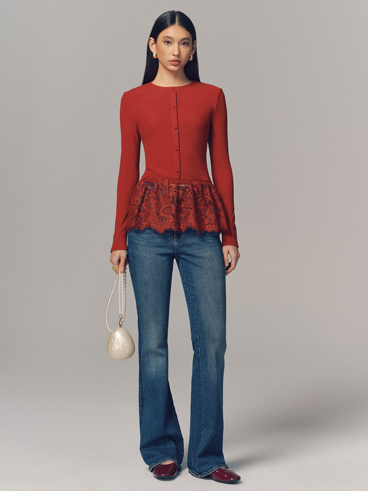 Lace Hem Ribbed  Long Sleeve Top-Chicvia