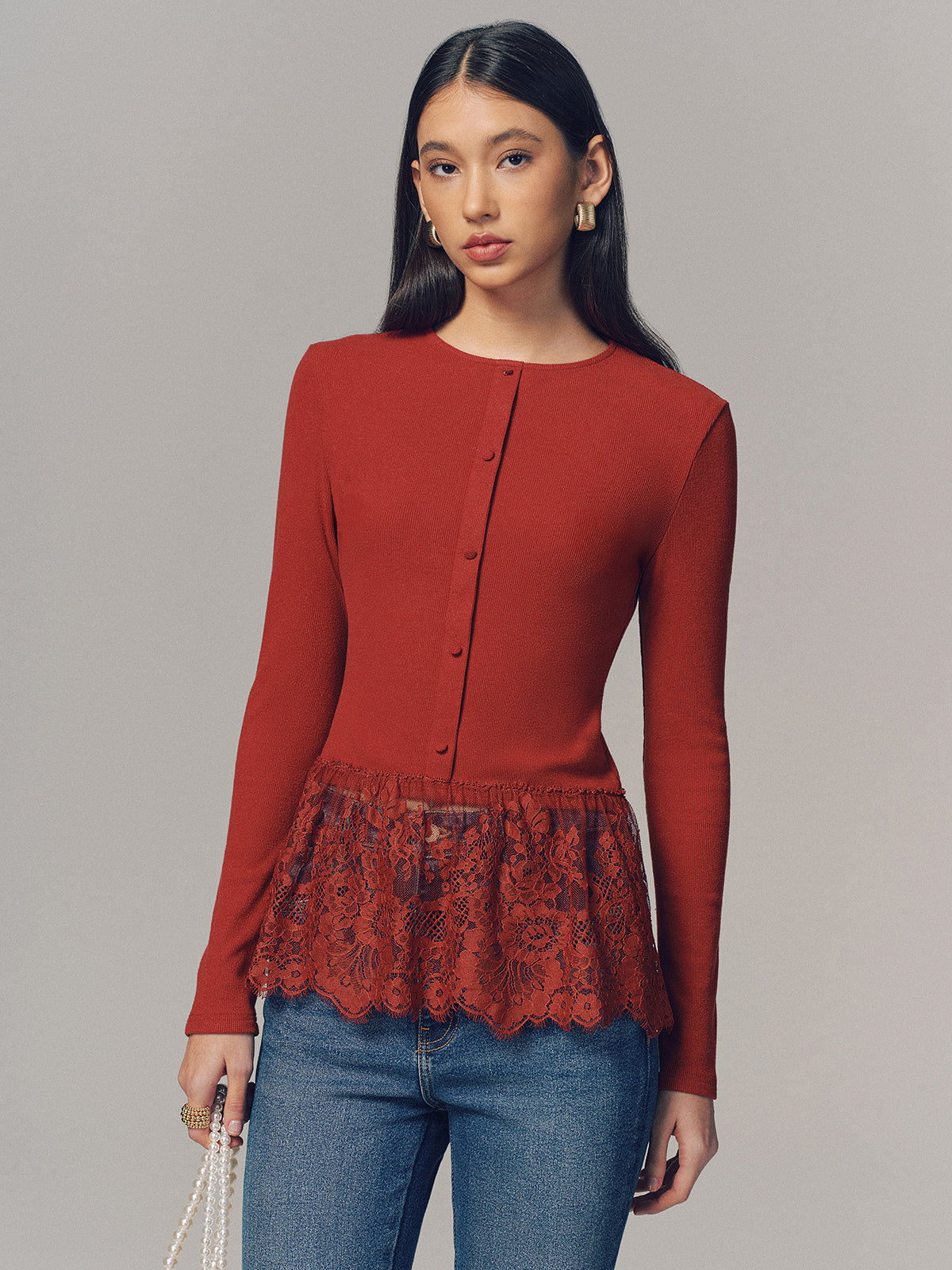 Lace Hem Ribbed  Long Sleeve Top-Chicvia