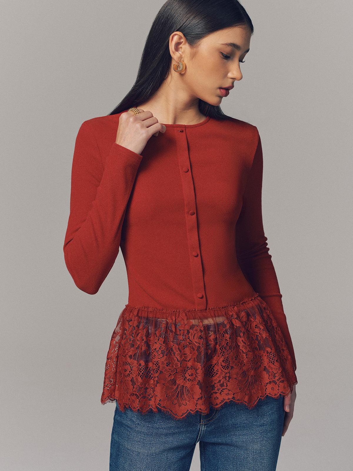 Lace Hem Ribbed  Long Sleeve Top-Chicvia