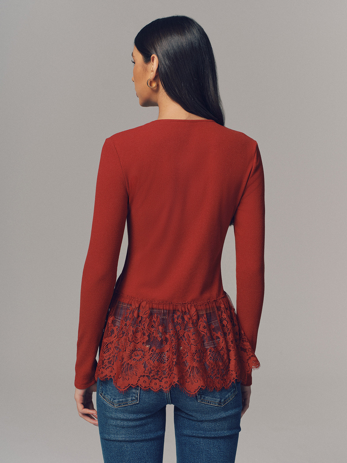 Lace Hem Ribbed  Long Sleeve Top-Chicvia