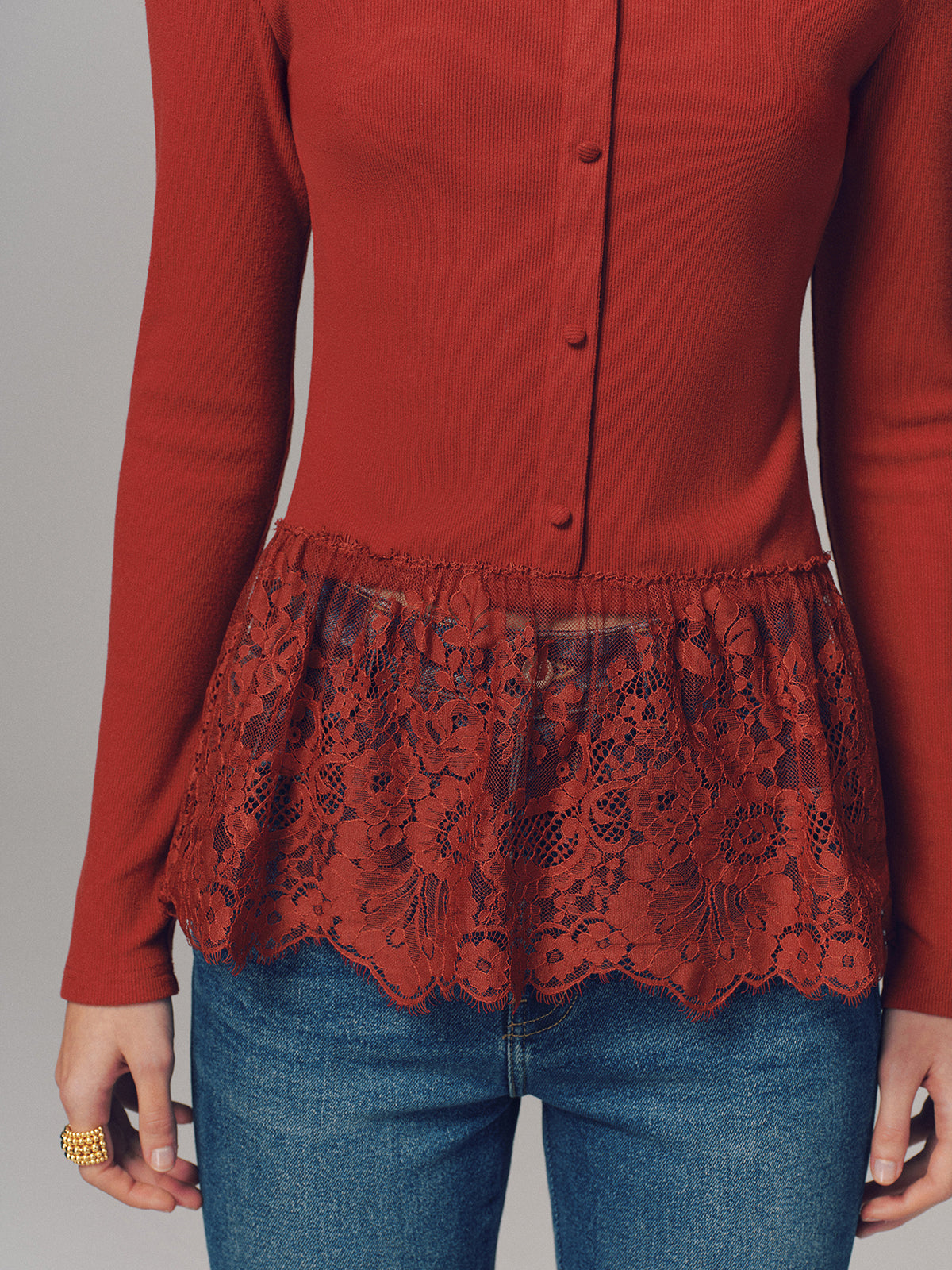 Lace Hem Ribbed  Long Sleeve Top-Chicvia