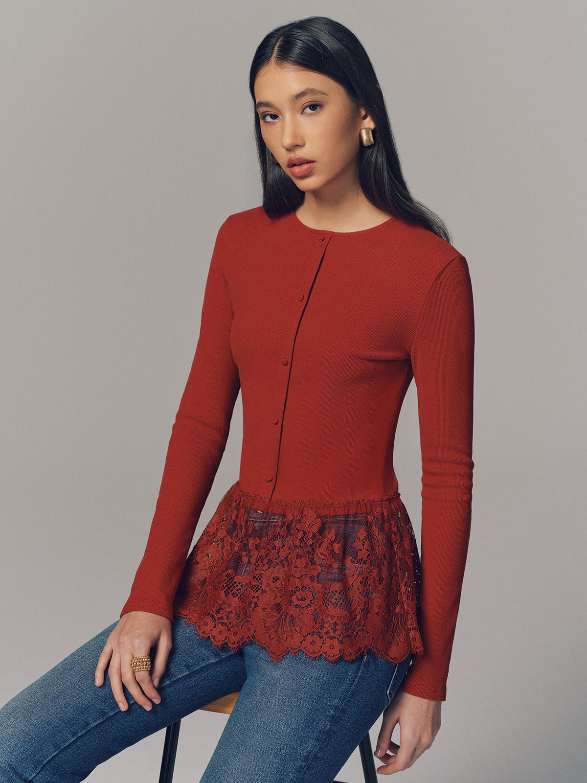Lace Hem Ribbed  Long Sleeve Top-Chicvia