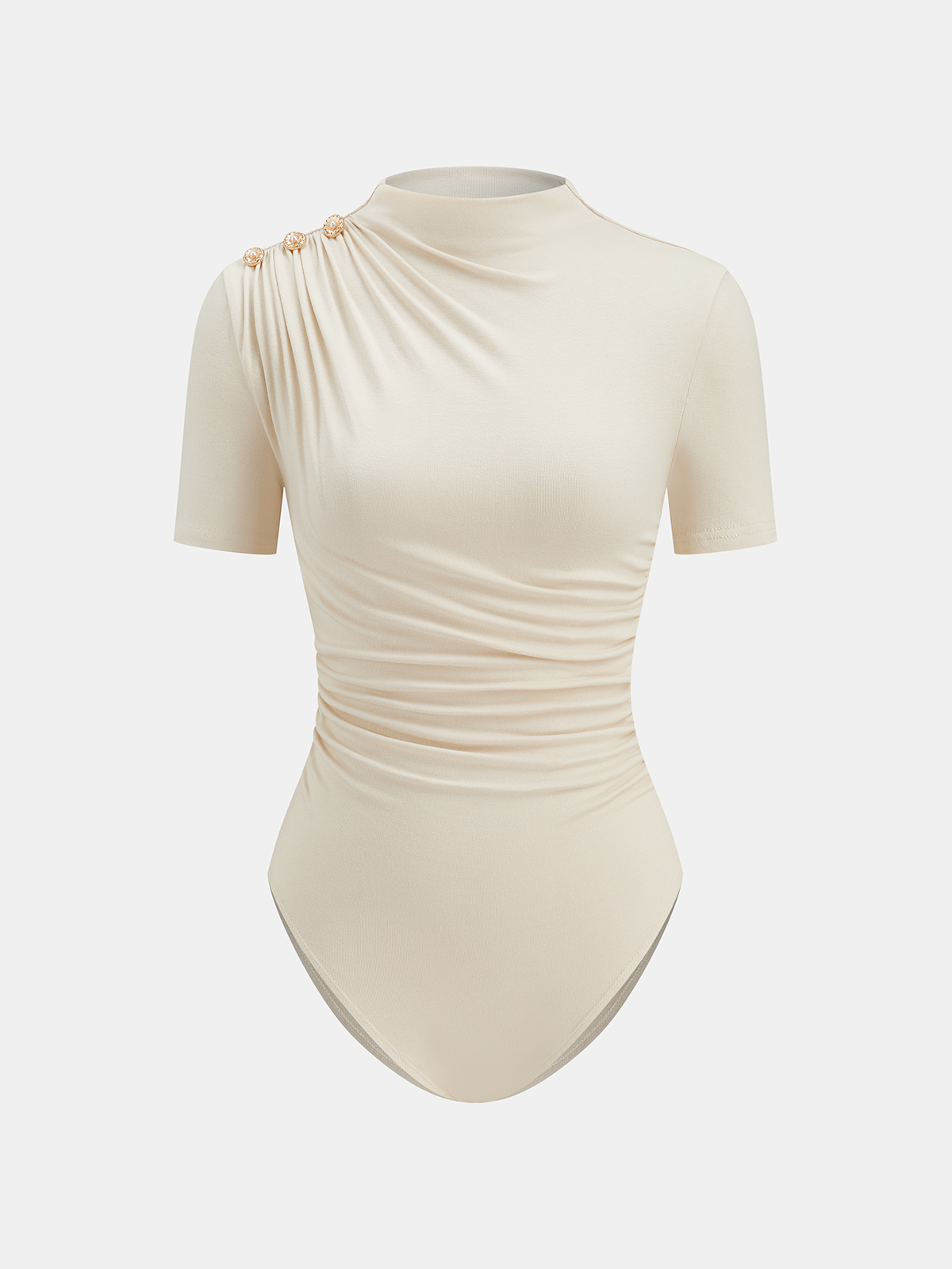 Metal Detail Mock Neck Ruched Bodysuit-Chicvia