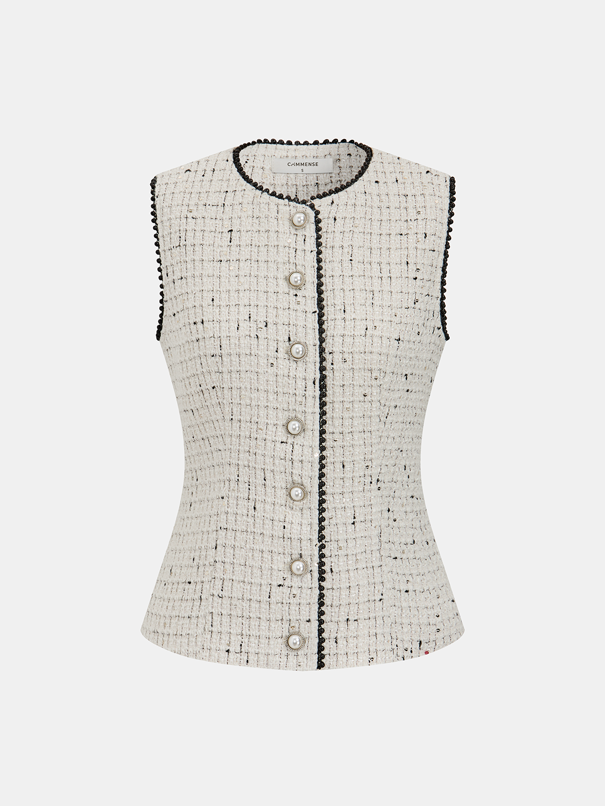 Contrast Trim Pearl Button Tweed Sleeveless Vest-Chicvia