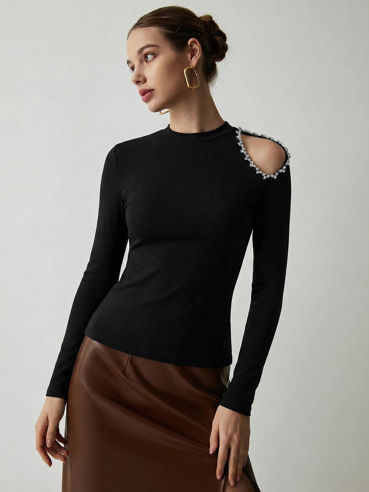 Crystal Detail Cold Shoulder Long-Sleeve Top-Chicvia