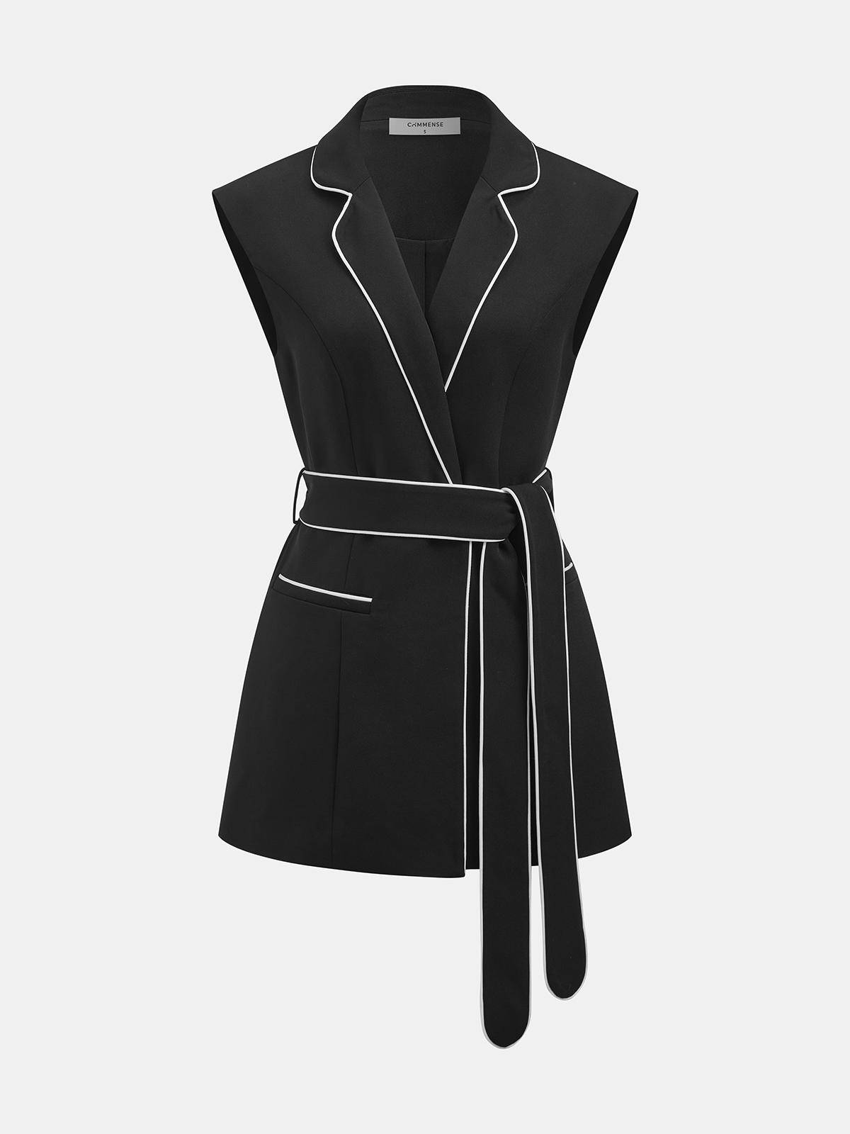 Contrast Piping Belted Sleeveless Blazer Vest-Chicvia