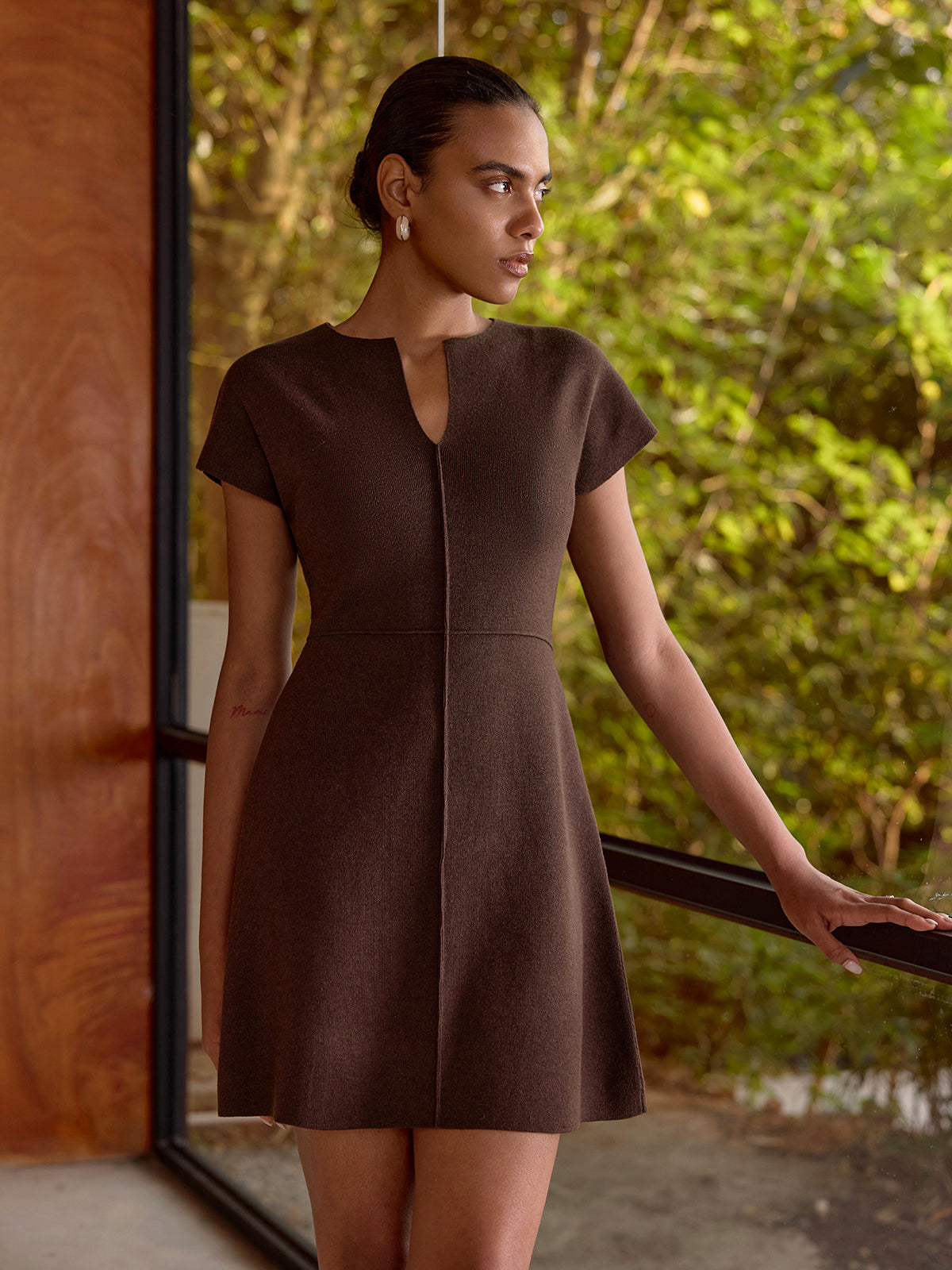 Keyhole Neck Wool-Blend Knit Mini Dress-Chicvia