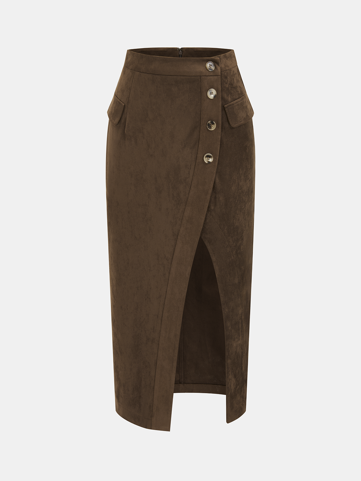 Button Detail Suede Effect Midi Skirt-Chicvia