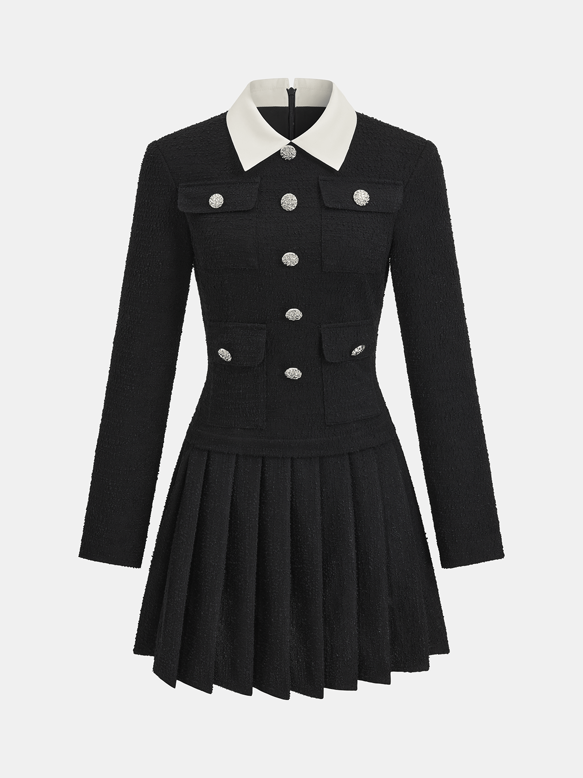 Contrast Collar Pleated Mini Dress-Chicvia