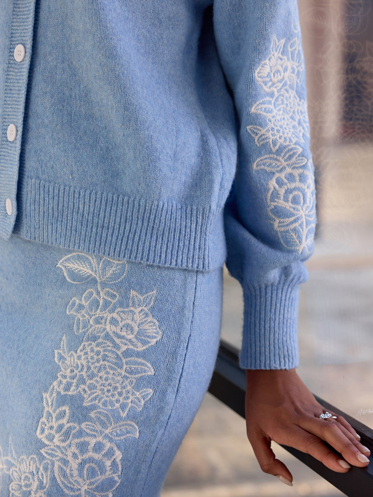 Floral-Embroidered Knit Cardigan & Mini Skirt Set-Chicvia