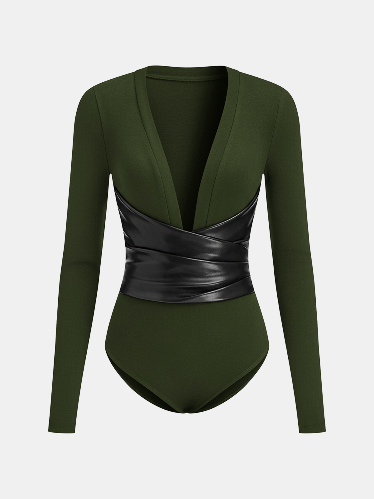 Faux Leather Wrap Waist V-Neck Bodysuit-Chicvia