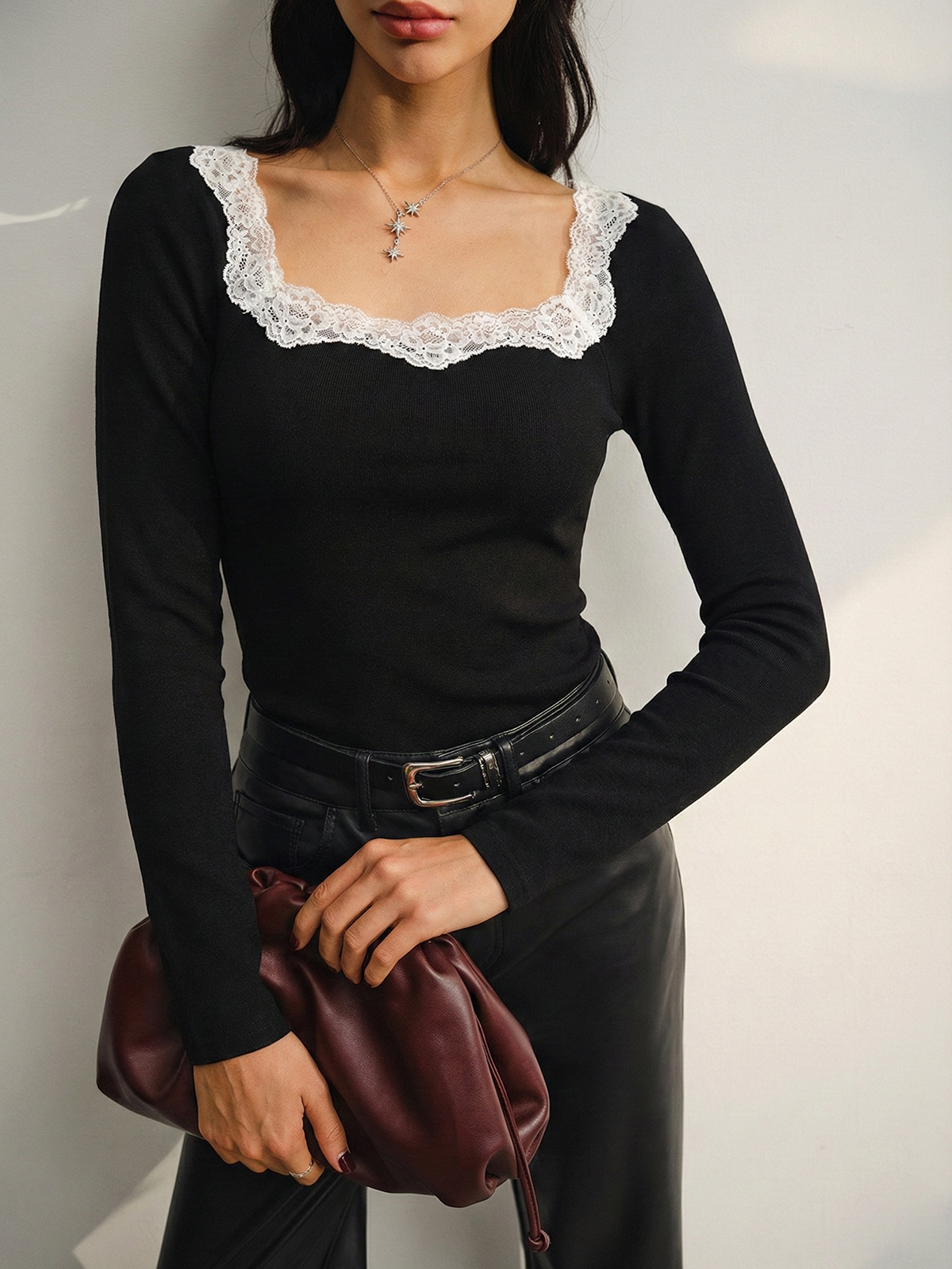 Lace Square Neck Ribbed Long-Sleeve Top-Chicvia