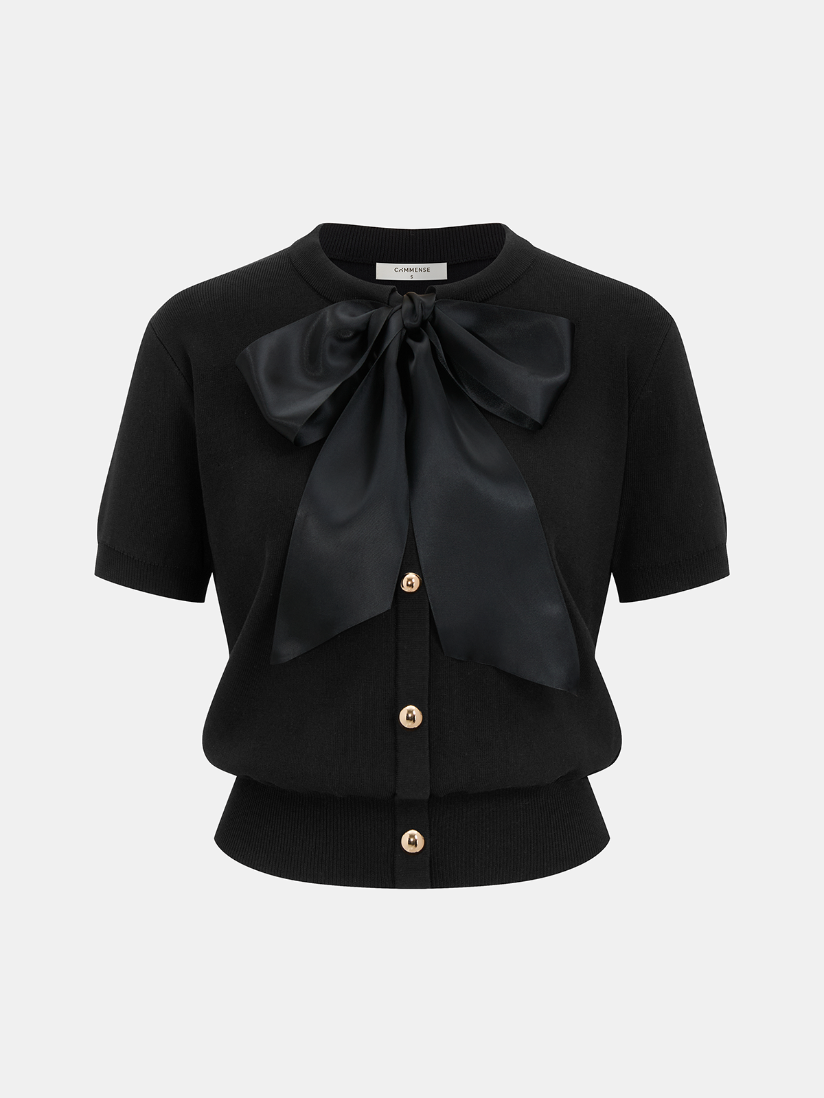 Decorative Button Bow Short-Sleeve Sweater-Chicvia