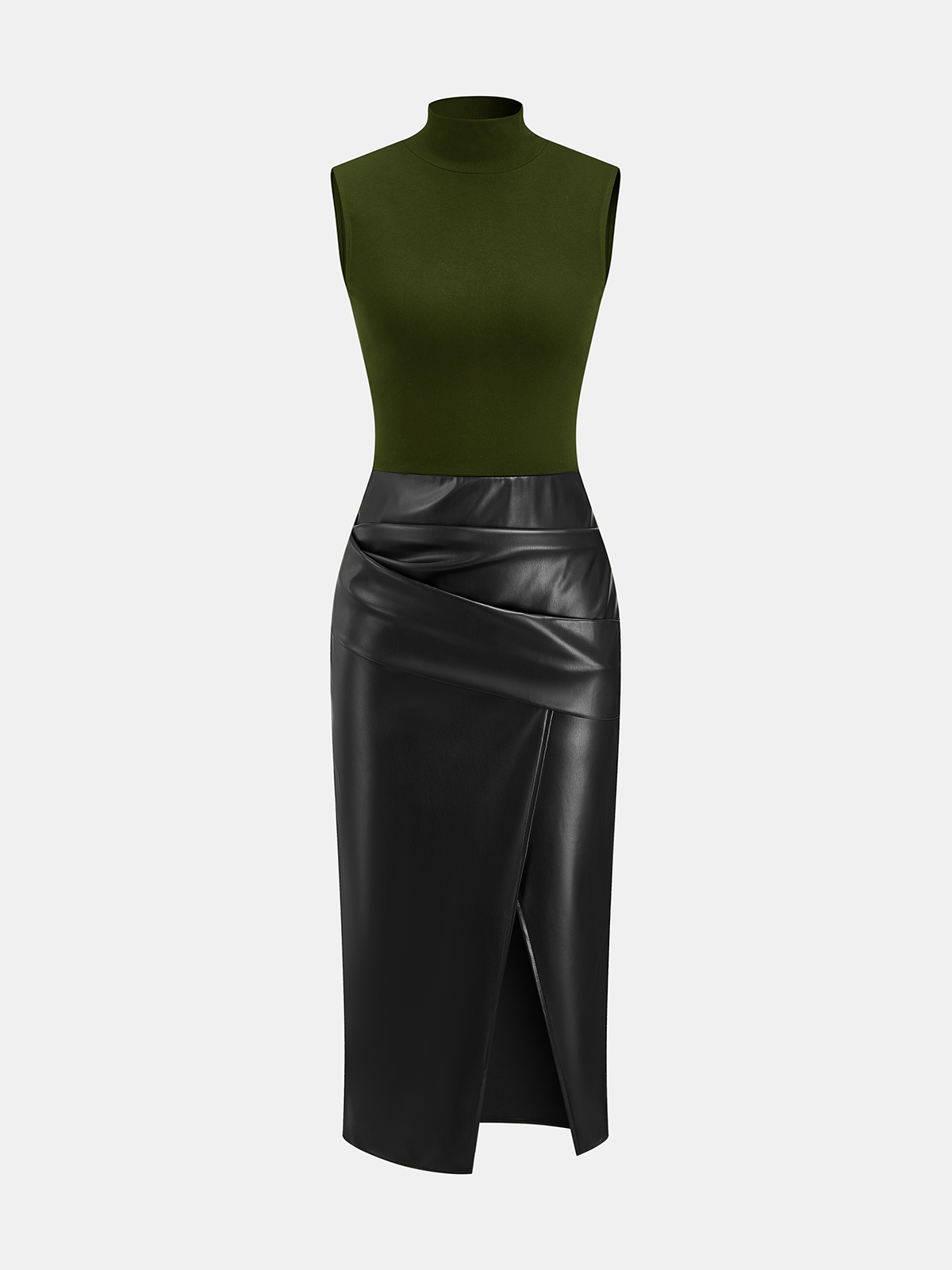 Faux Leather Panel Mock Neck Sleeveless Dress-Chicvia