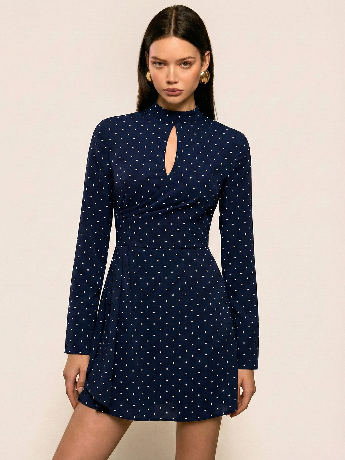 Keyhole Neckline Polka Dot Mini Dress-Chicvia