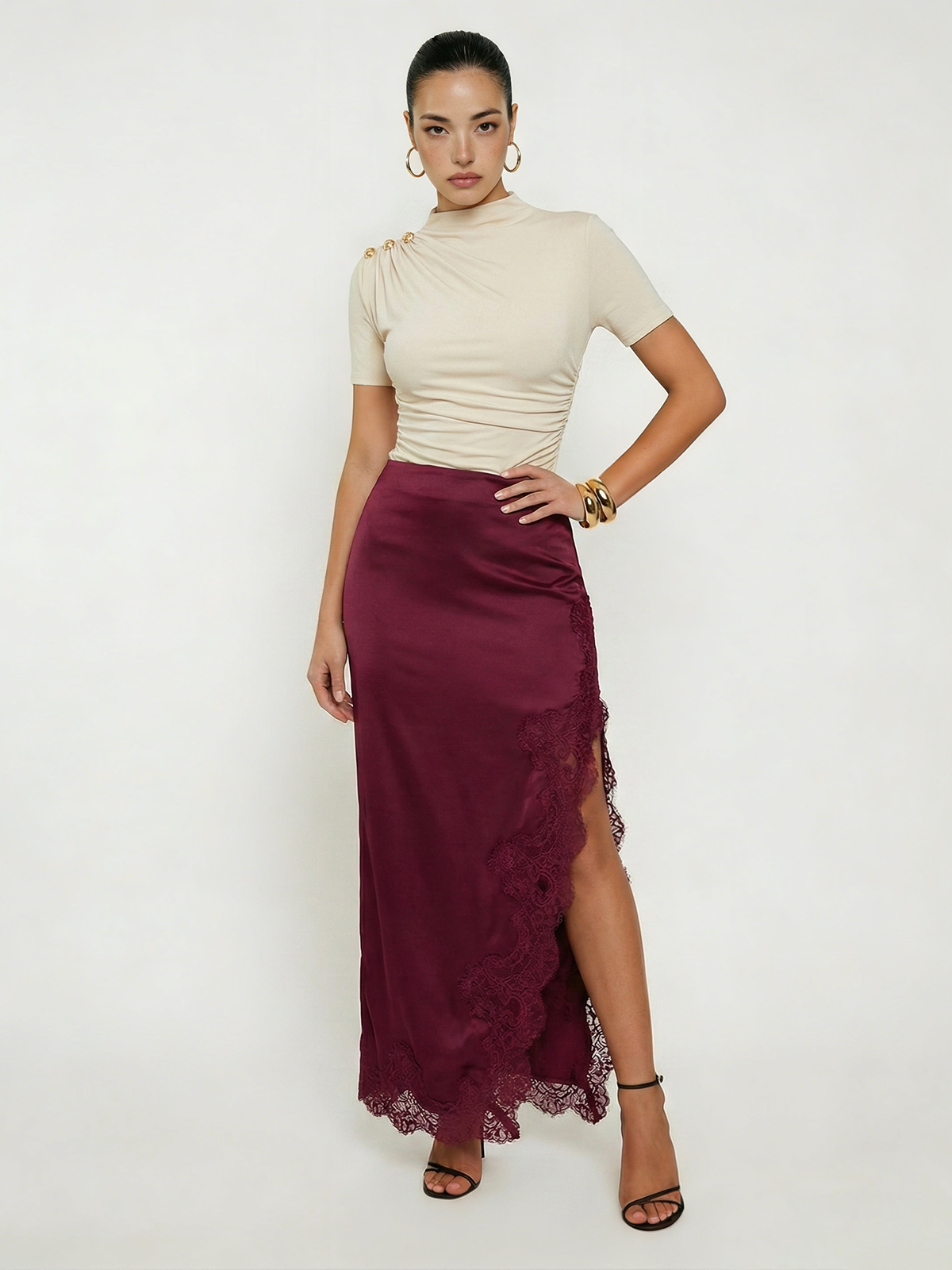 Metal Detail Mock Neck Ruched Bodysuit-Chicvia