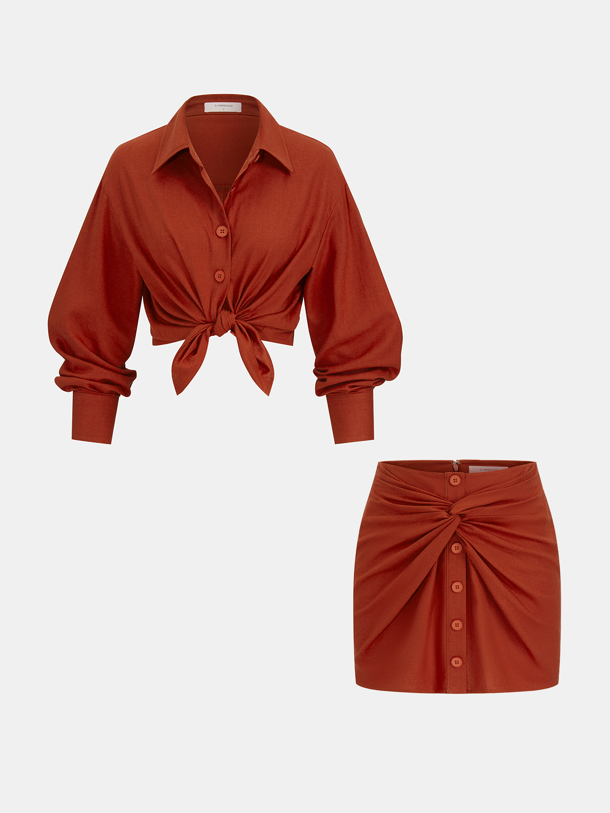 Linen-Blend Knot-Front Shirt & Mini Skirt Set-Chicvia