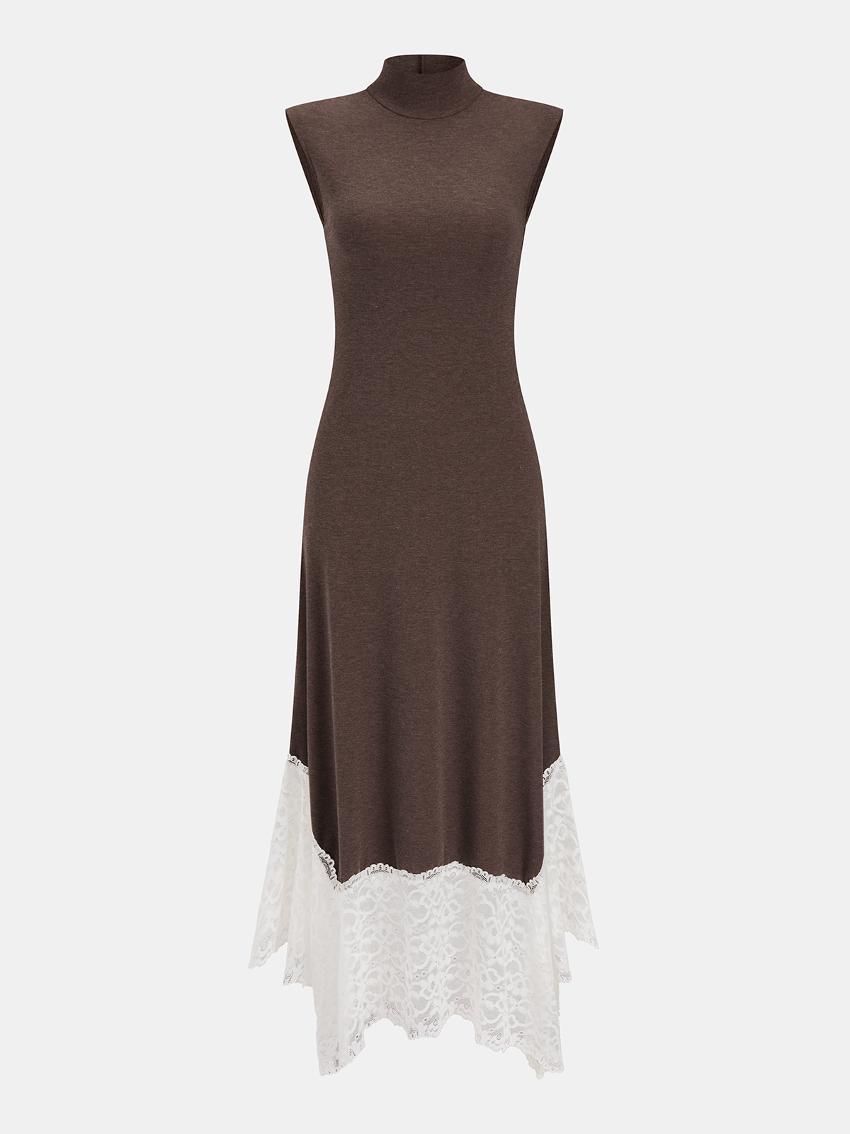 Lace Hem Sleeveless Turtleneck Maxi Dress-Chicvia